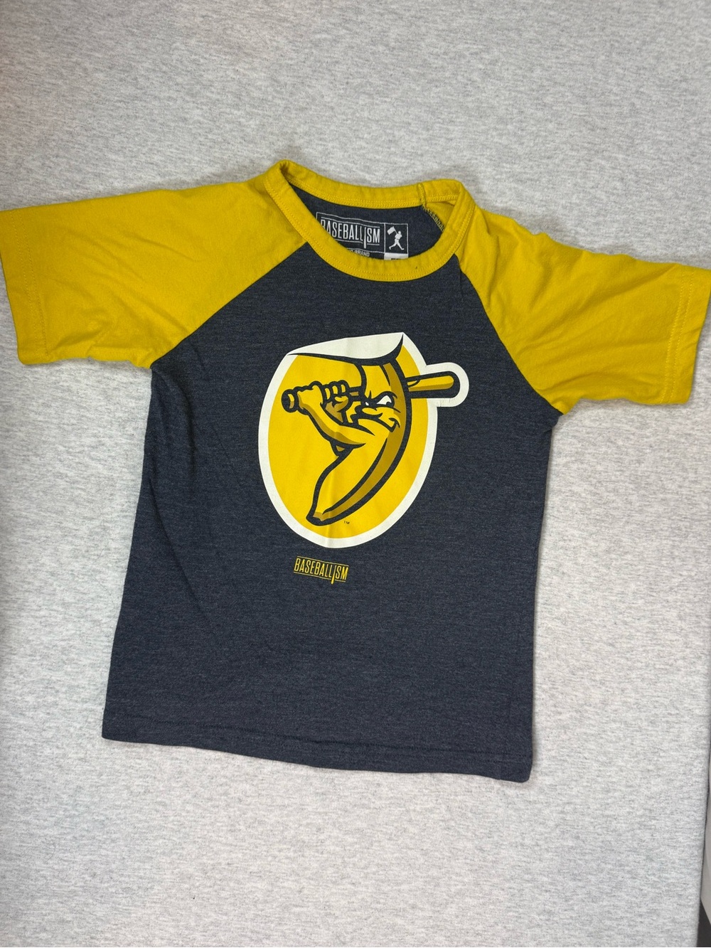 Baseballism x Savannah Bananas “Banana Sticker” Raglan Tee Gray/Yellow - Size 5T